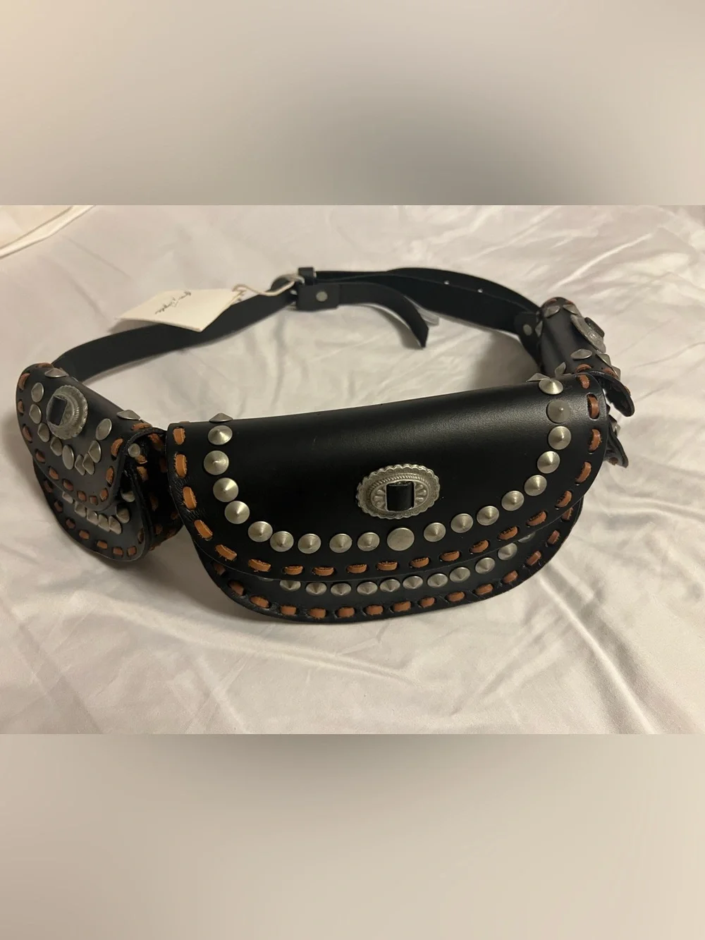 Free People Lucky Stars Leather Pocket Belt in Black Size S/M NWT  Festival
